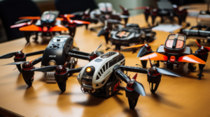 An overhead photo presents assembled FPV racing drones alongside a disassembled drone with labeled parts - flight controller, motors, battery, transmitter, and wiring - calling attention to the essential components in a DIY FPV quadcopter build